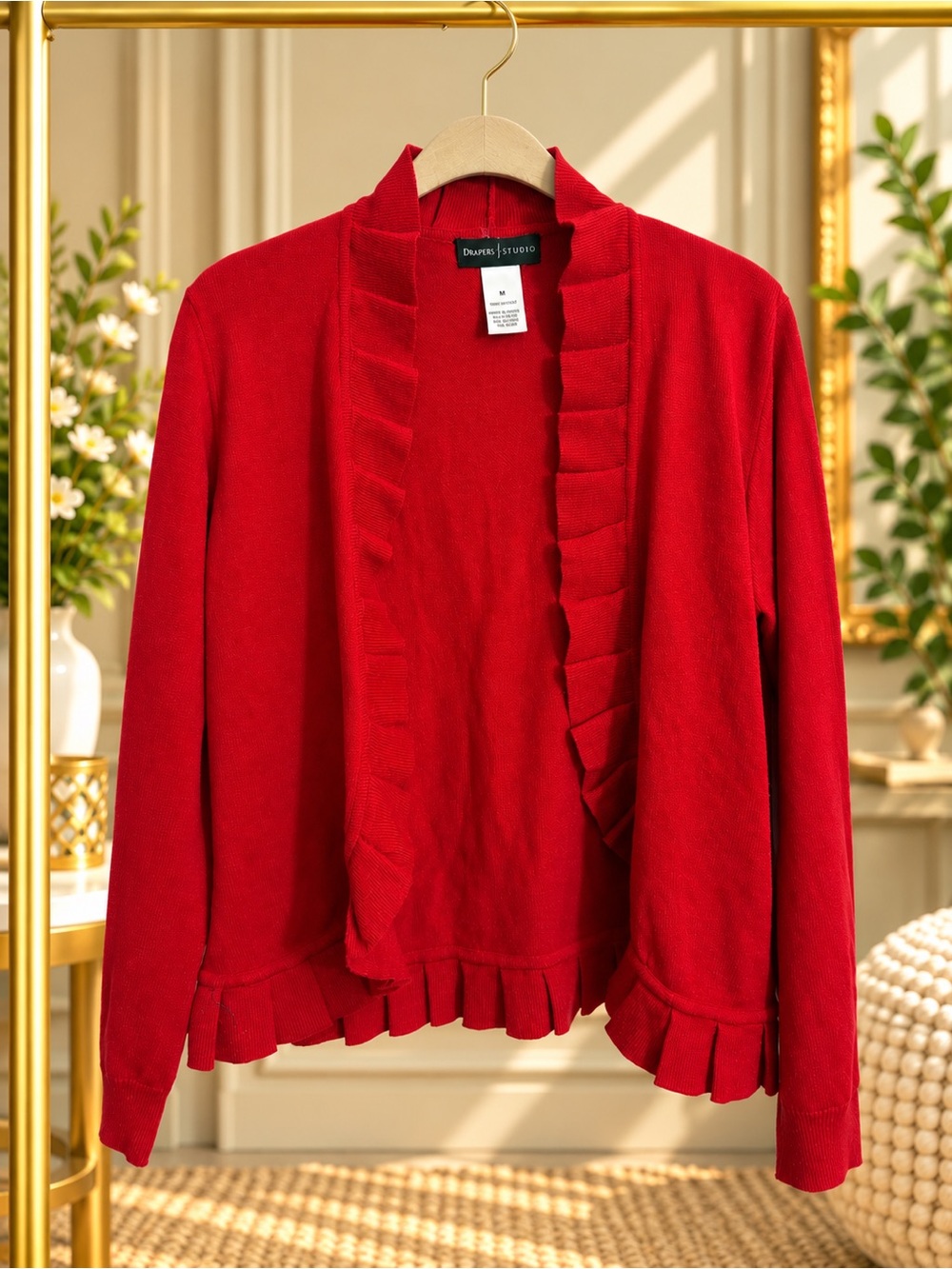 Draper’s Studio Red Pleated Ruffle Trim Open Front Cardigan Sweater Women’s M